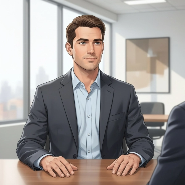 Job candidate pausing to think before answering a tricky interview question confidently