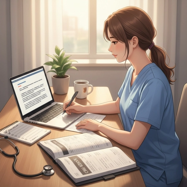 Nurse writing a nursing cover letter with checklist and notes