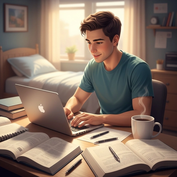 Student writing an internship cover letter on a laptop with notebooks and study materials