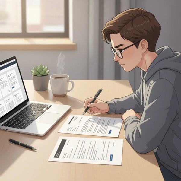 Student reviewing an internship cover letter and resume in a clean study space