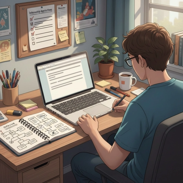 Student planning and drafting an internship cover letter step by step