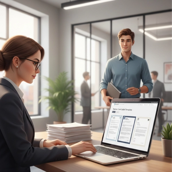 Recruiter reviewing internship applications while a student prepares confidently