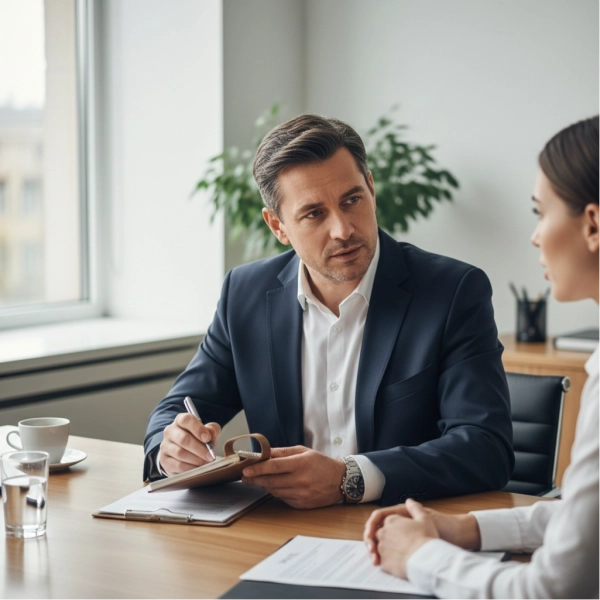 Interviewer thoughtfully evaluating a candidate’s career transition