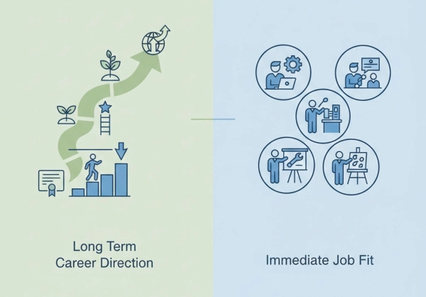 Illustration comparing career aptitude and job aptitude test focus