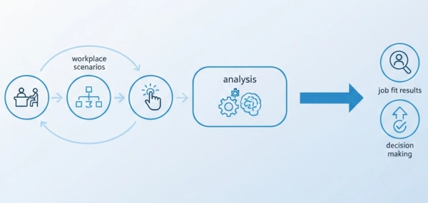 Diagram illustrating how a job aptitude test evaluates real workplace abilities