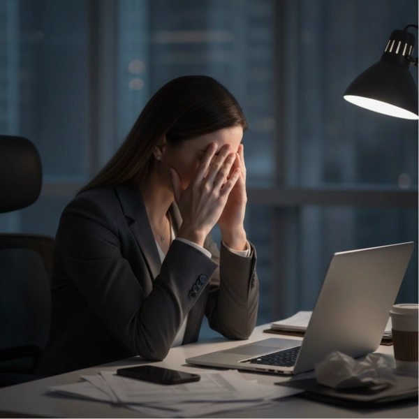 Burned out employee experiencing chronic work-related exhaustion