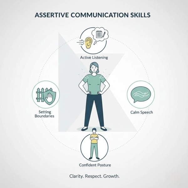 Key assertive communication skills including boundaries, listening, and confident body language