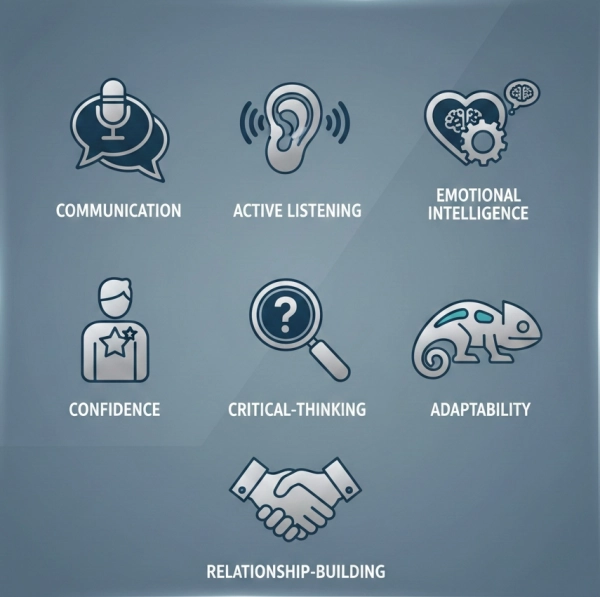 Icons representing key persuasion skills like communication, listening, confidence, and adaptability