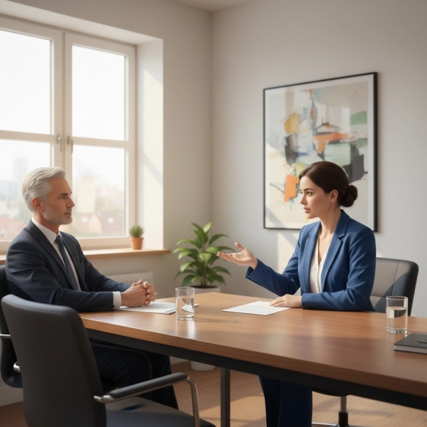 Candidate answering leadership behavioral interview questions in a professional job interview