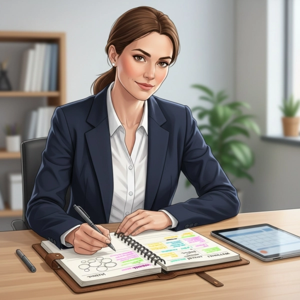 Professional preparing leadership interview answers using notes and planner