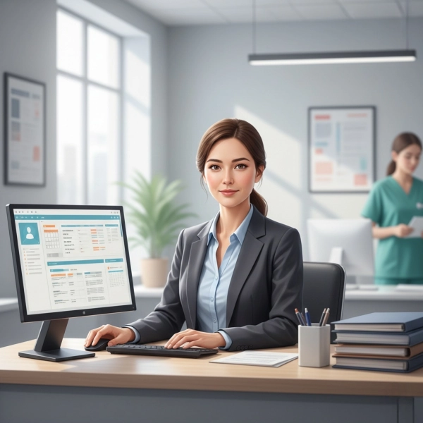 Medical administrative assistant managing patient scheduling and records in a healthcare office