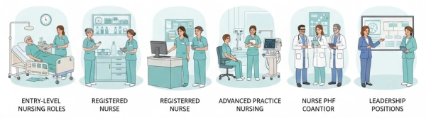 Overview of nursing career path from entry-level roles to advanced practice and leadership