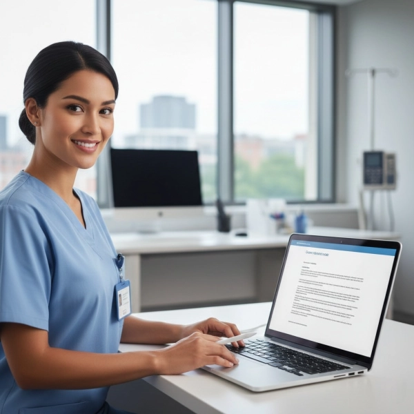 Professional nurse reviewing a cover letter application in a hospital setting
