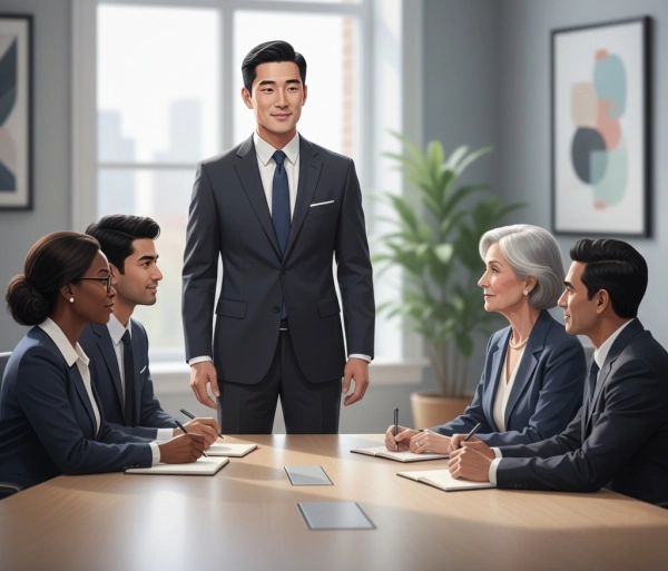 Candidate maintaining balanced eye contact with all panel interviewers