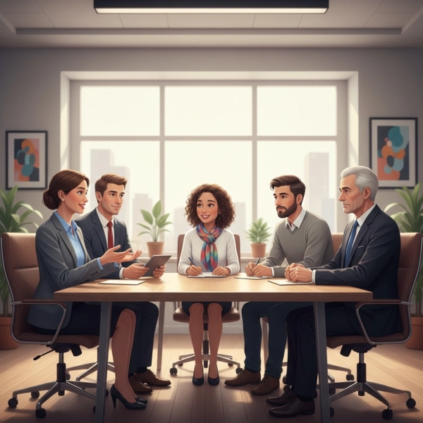 Panel interview with hiring manager, HR, team member, and executive evaluating a candidate