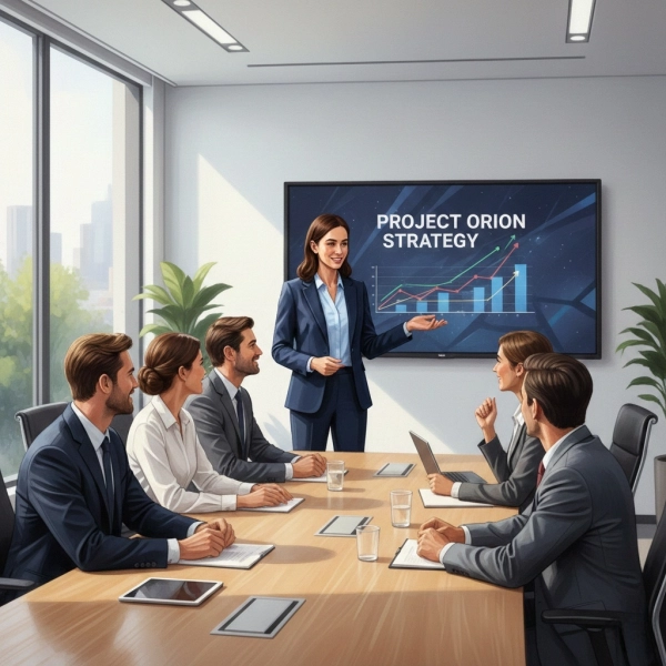 Professional presenting an idea and persuading colleagues in a workplace meeting