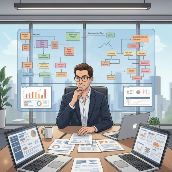 Professional analyzing a problem-solving process step by step