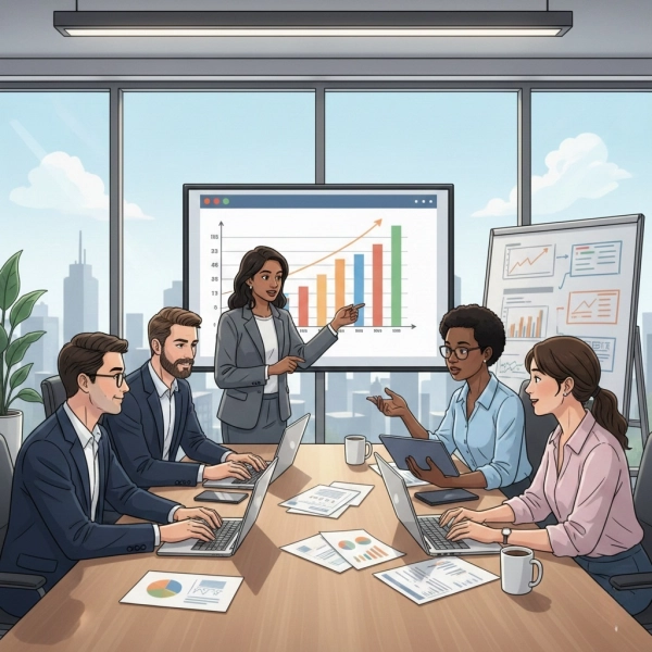 Employees collaborating to solve a workplace problem in a modern office