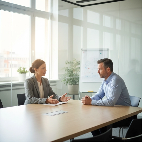 Employee calmly setting professional boundaries with their manager at work