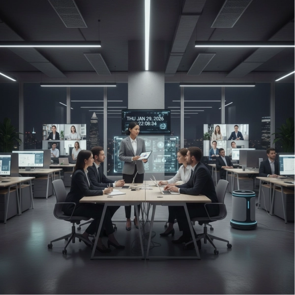 Modern professional demonstrating workplace etiquette in a contemporary office environment