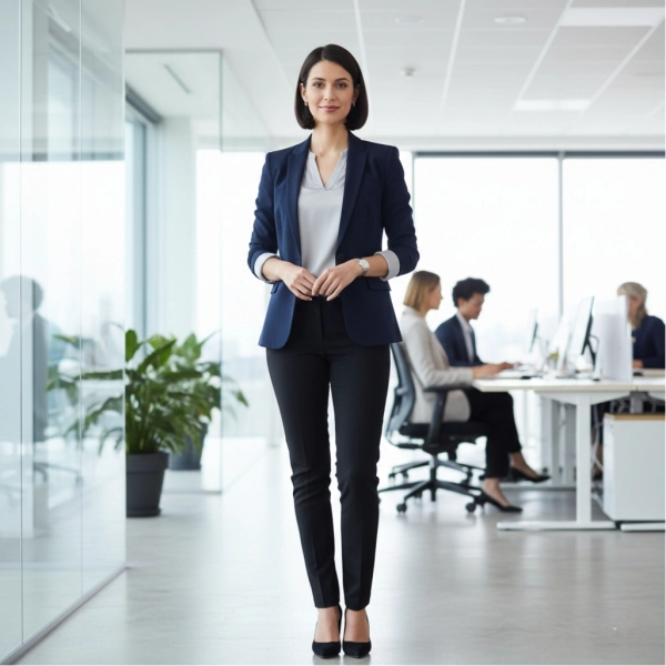 Professional dressed appropriately and confidently in a workplace setting