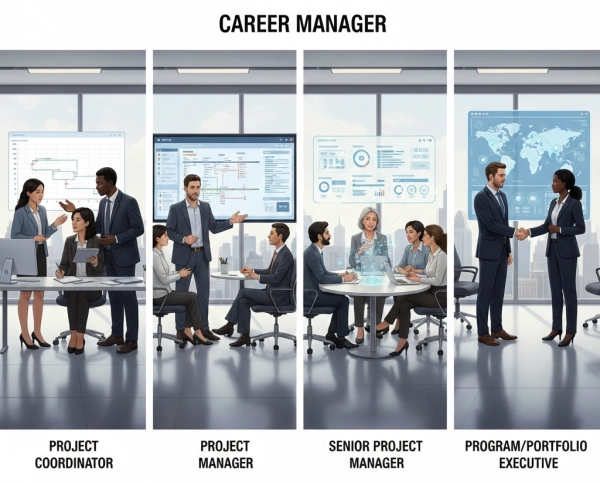 Overview of the project manager career path from entry-level to executive roles