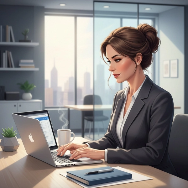 Project manager writing a professional cover letter on a laptop in a modern office