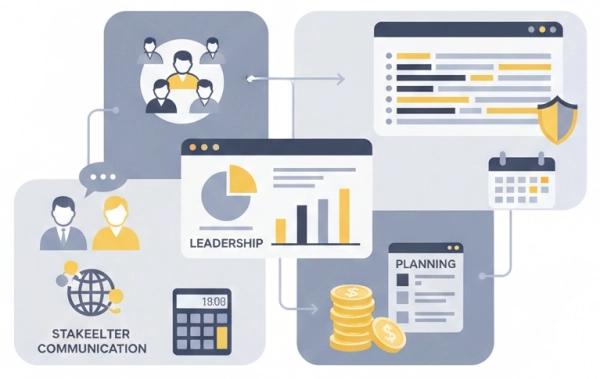 Key project manager skills such as leadership, planning, and risk management