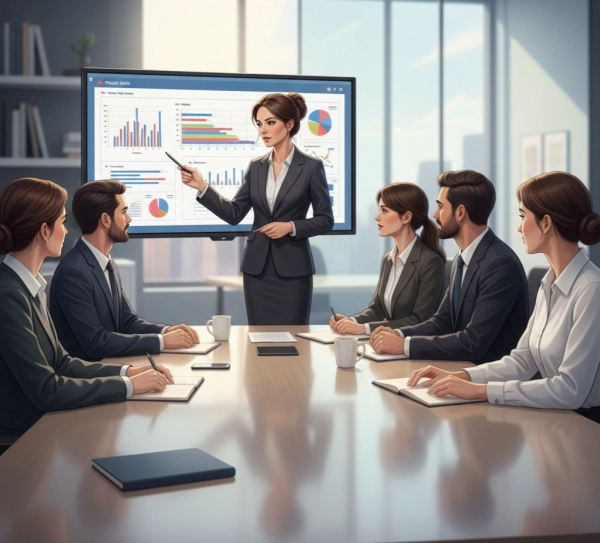 Project manager leading a team meeting and communicating with stakeholders
