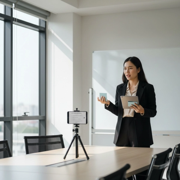 Professional practicing public speaking and refining presentation skills