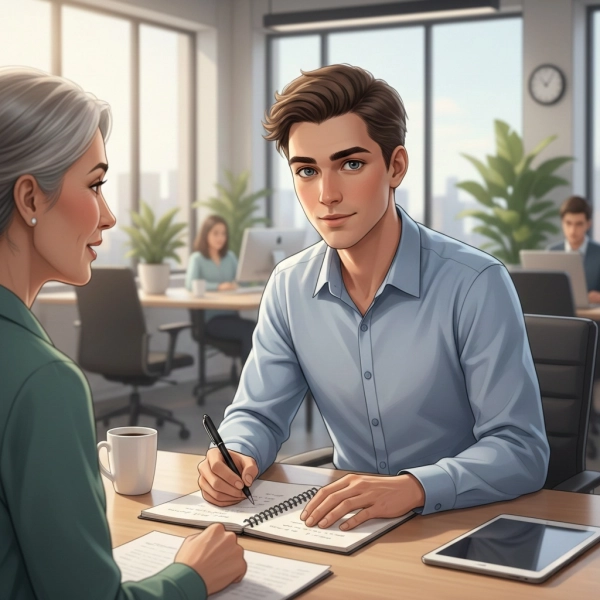 Employee listening to feedback with an open and professional attitude