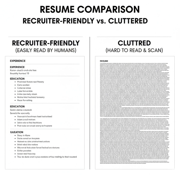 Recruiter-friendly resume compared to cluttered resume with dense text