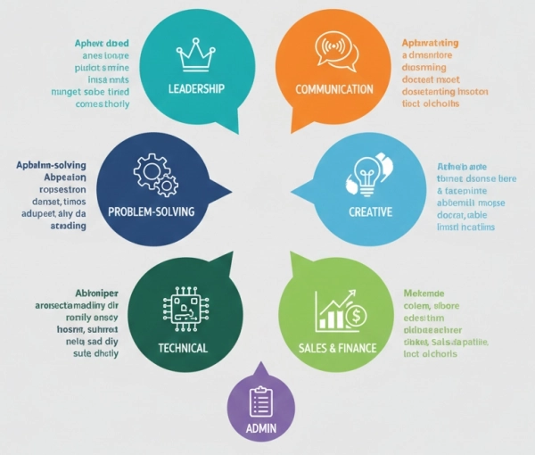 Resume action verbs grouped by skills such as leadership, communication, and technical