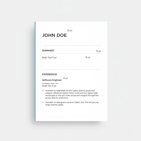 Resume font size hierarchy example showing name, headings, subheadings and body text sizes
