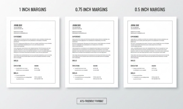 Resume margin comparison showing 1 inch, 0.75 inch and 0.5 inch margins
