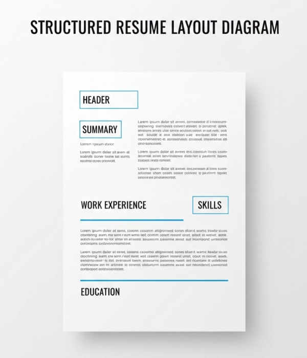 Well-structured resume layout with clearly labeled sections including header, summary, work experience, skills, and education
