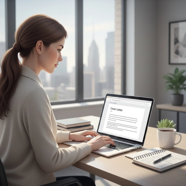 Retail job applicant writing a cover letter on a laptop in a modern workspace