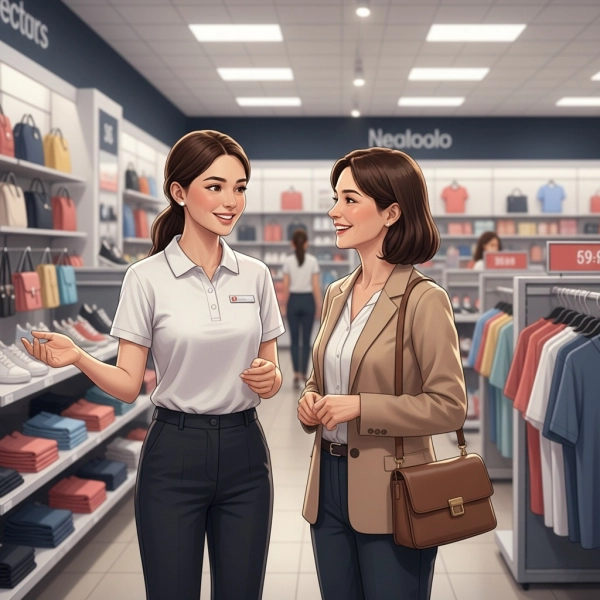 Retail employee providing friendly customer service in a busy store