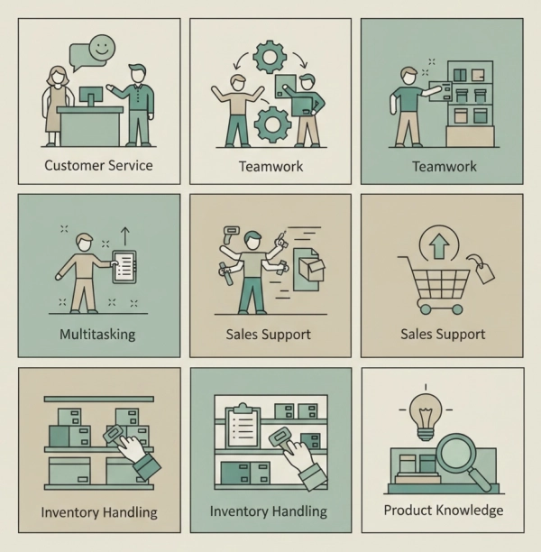 Key retail skills such as customer service, teamwork, and multitasking