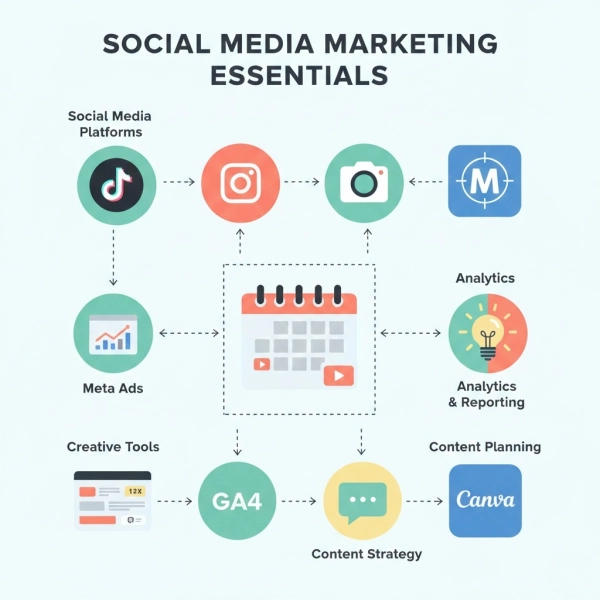 Top skills and tools for a Social Media Marketing resume including TikTok, Meta Ads, analytics, and content strategy