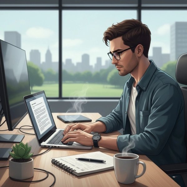 Software engineer writing a cover letter on a laptop in a modern tech workspace