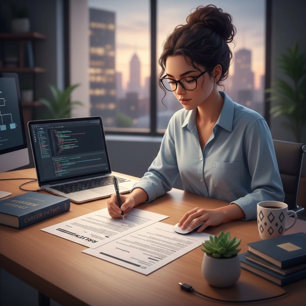 Software engineer reviewing a resume and cover letter side by side