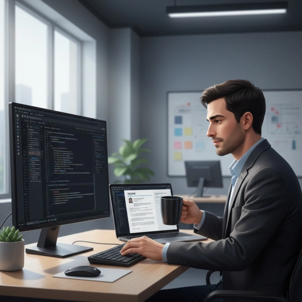 Software engineer reviewing a professional resume highlighting technical skills and business impact