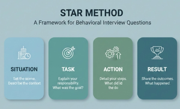 STAR method steps: Situation, Task, Action, Result for behavioral interview answers
