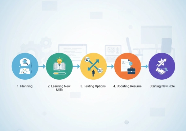 Step-by-step career change process showing planning, skill building, and transition