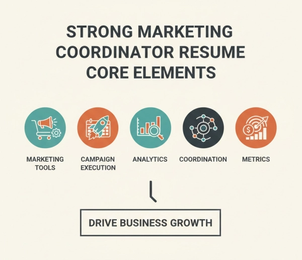 Key components of a strong Marketing Coordinator resume including tools, campaigns, analytics, and performance metrics