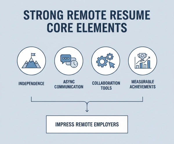 Key elements of a strong remote job resume including independent work, communication, and remote tools