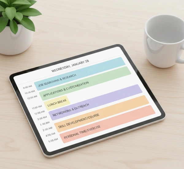 Structured daily job search schedule with balanced work and breaks