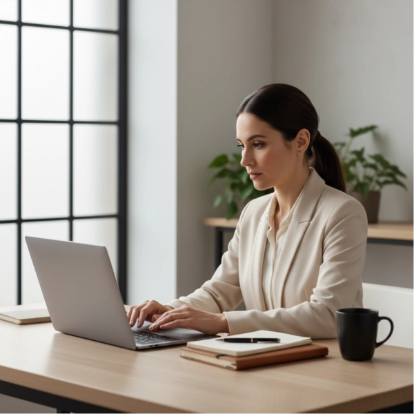 Professional writing a well-structured work email on a laptop