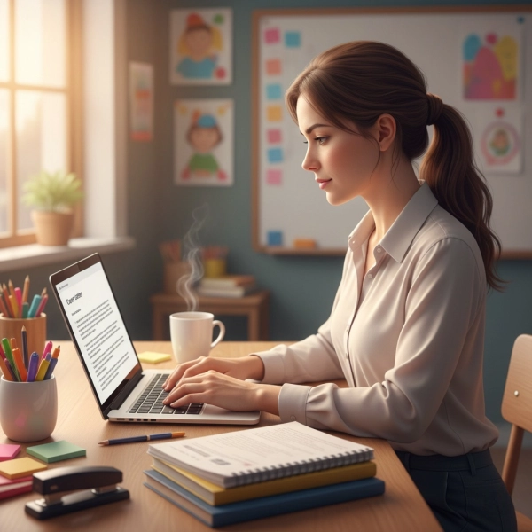 Teacher writing a professional cover letter at a desk with classroom materials nearby